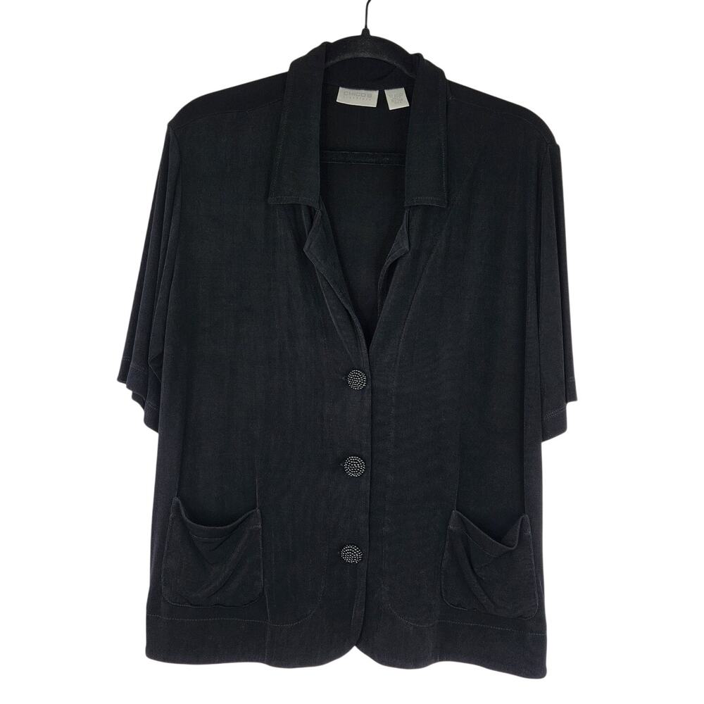 Chico's Travelers Black Slinky Button Down Blouse Women's 3 (XL/16)